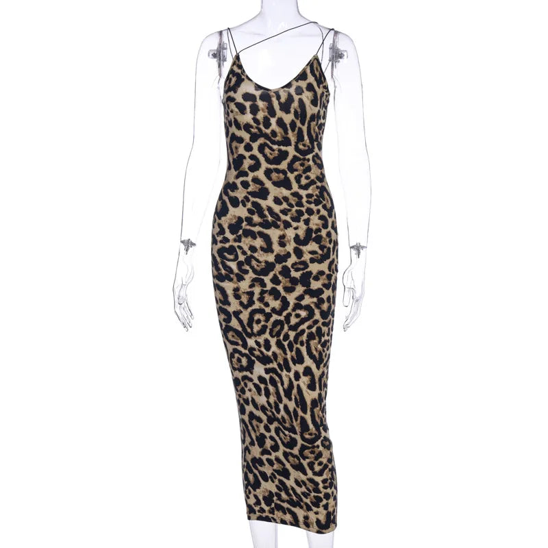 Leopard Print V Neck Midi Dress - Sleeveless Spring Party Outfit