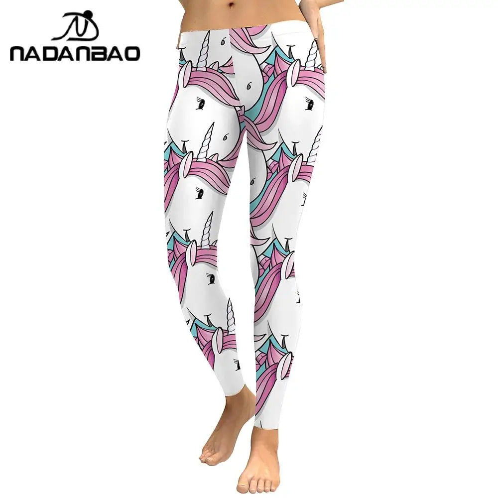 White Unicorn Print Leggings - Mid Waist Fitness and Jogging Pants