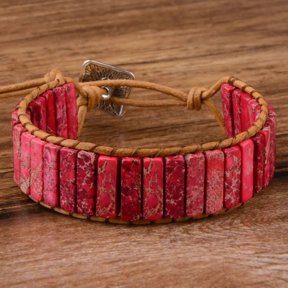 Multicolor Natural Stone Leather Wrap Bracelet - Tibetan Gypsy Bead Jewelry