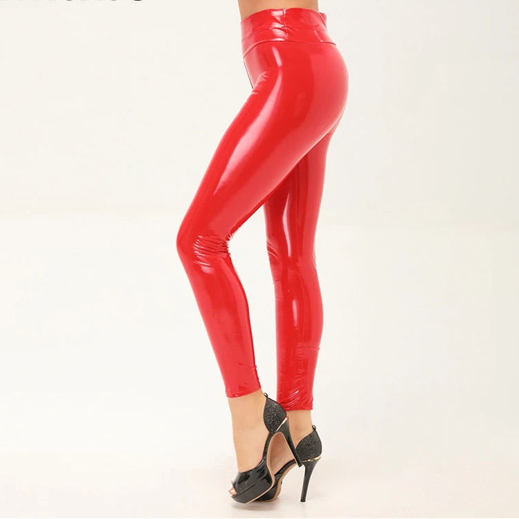 Mirror Faux Leather Leggings - Shiny High Waist Slim Pants