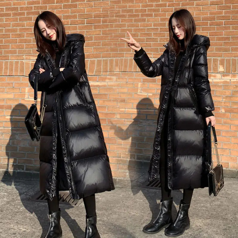 Glossy Black Hooded Parka - Thick Windproof Winter Coat