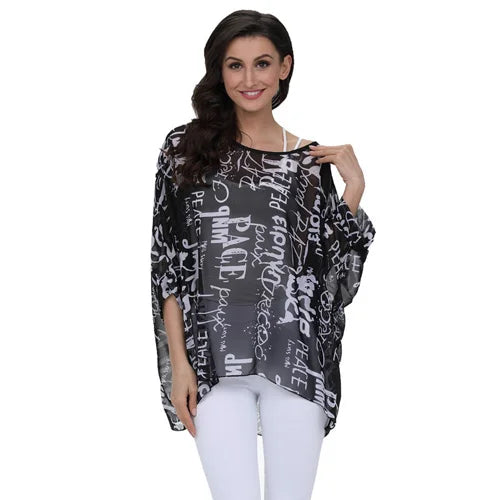 Plus Size Batwing Chiffon Blouse - Boho Loose Summer Shirt