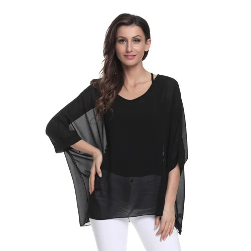 Plus Size Batwing Chiffon Blouse - Boho Loose Summer Shirt