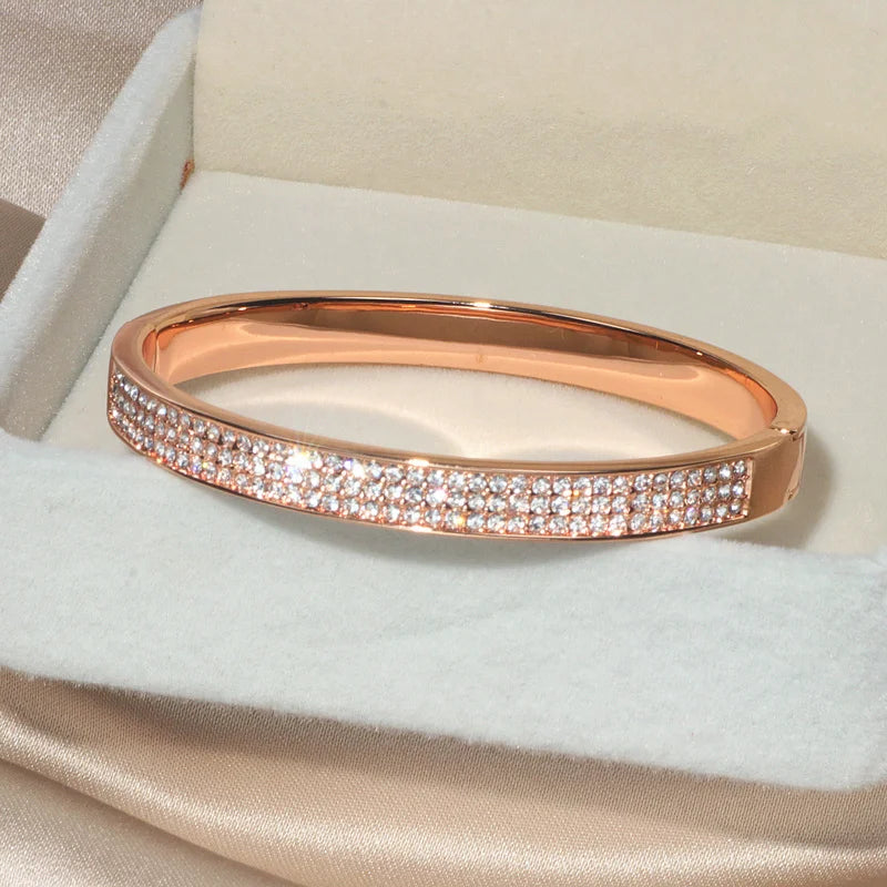 Elegant Crystal Cuff Bangle Bracelet - Gold Tone Wedding Jewelry