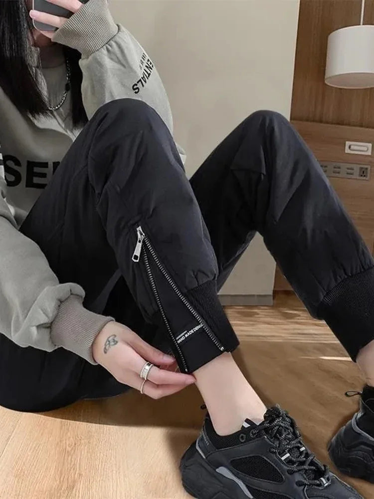 Fleece Lined Side Zip Winter Pants - Windproof Straight Leg Trousers