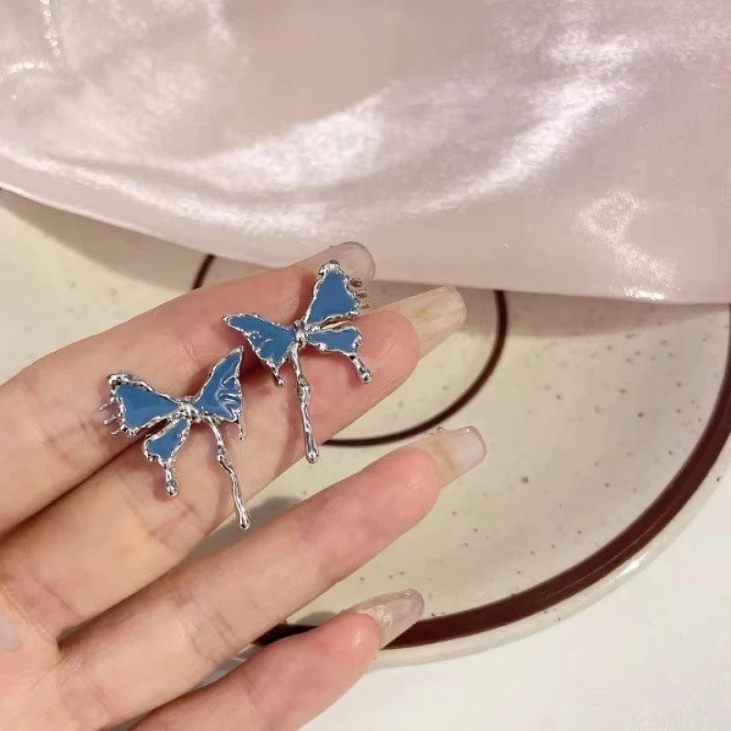 Blue Geometric Flower Butterfly Dangle Earrings - Bohemian Statement Jewelry