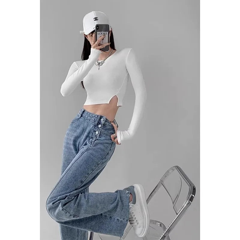 Loose Straight Leg High Waist Jeans - Draped Wide Leg Denim Pants