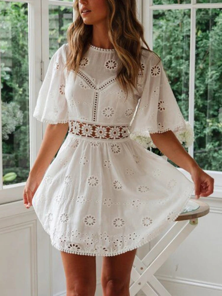 White Embroidered Backless Mini Dress - Hollow Out Cotton Party Outfit