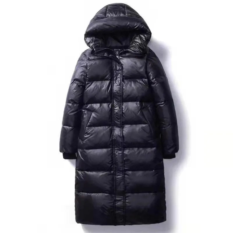 Glossy Black Hooded Parka - Thick Windproof Winter Coat