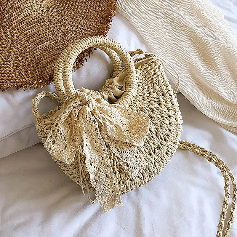 Half-Round Rattan Straw Crossbody Bag - Handmade Summer Beach Purse