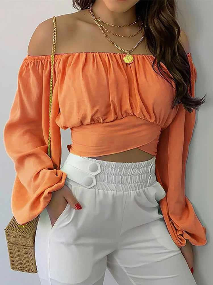 Off Shoulder Lantern Sleeve Blouse - Lace Up Bow Cropped Top
