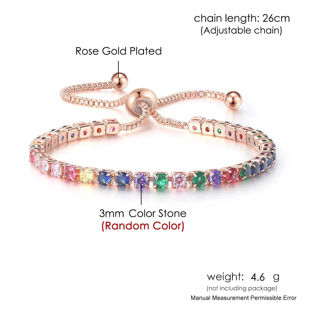 Adjustable Rainbow Zircon Tennis Bracelet - Colorful Wedding Hand Chain