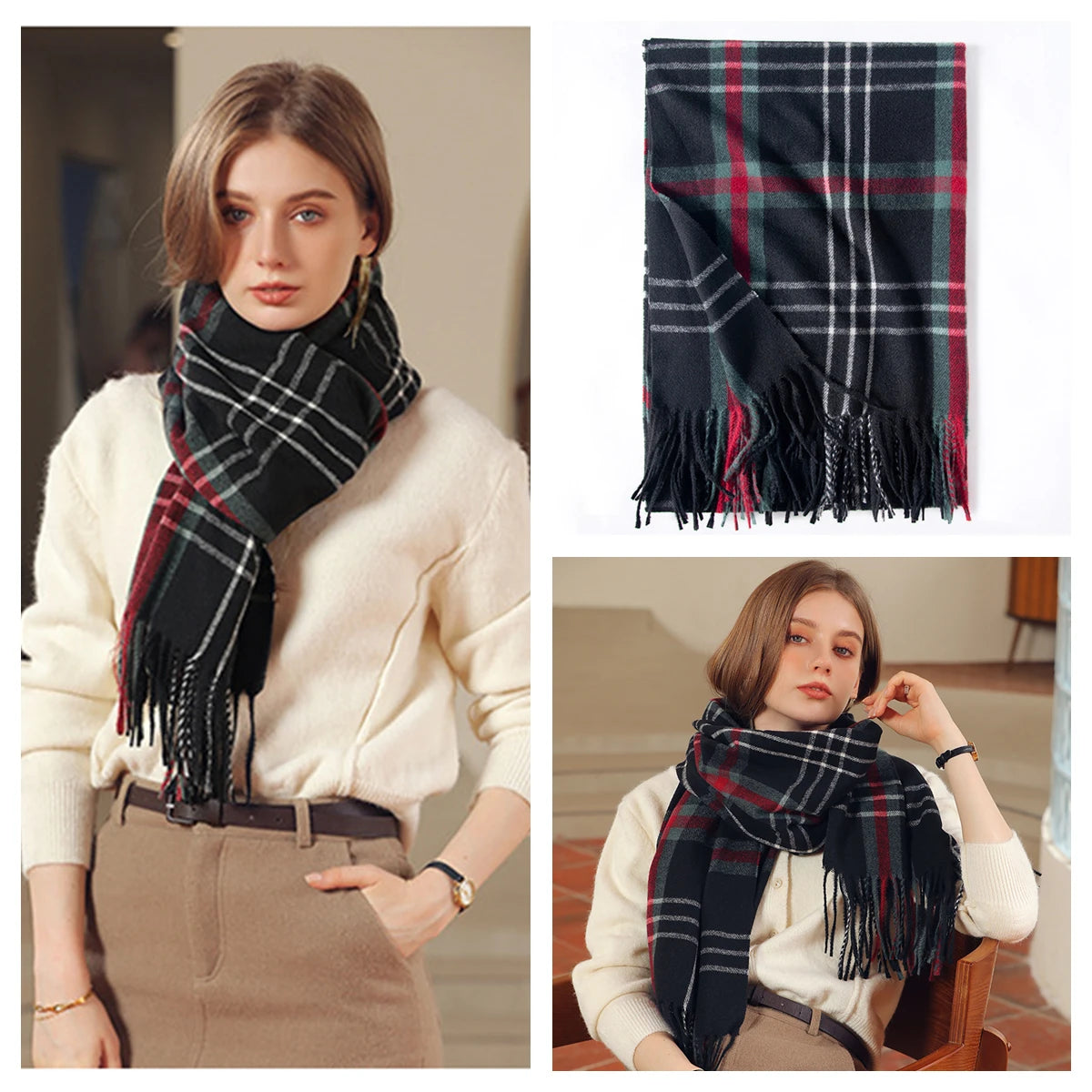 Classic Plaid Blanket Scarf - Cashmere-Feel Large Warm Shawl