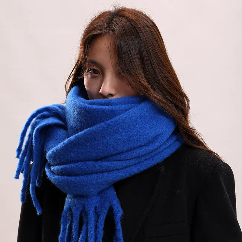 Soft Solid Winter Scarf - Long Tassel Mohair-Feel Wrap
