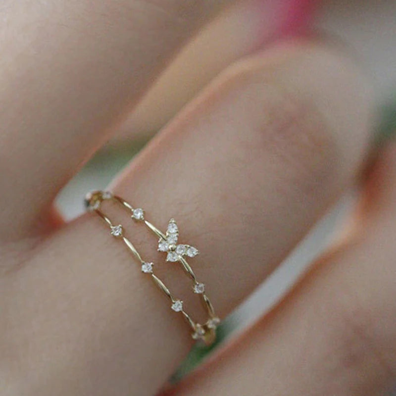 Zircon Butterfly Adjustable Ring - Silver Color Double Layer Accessory