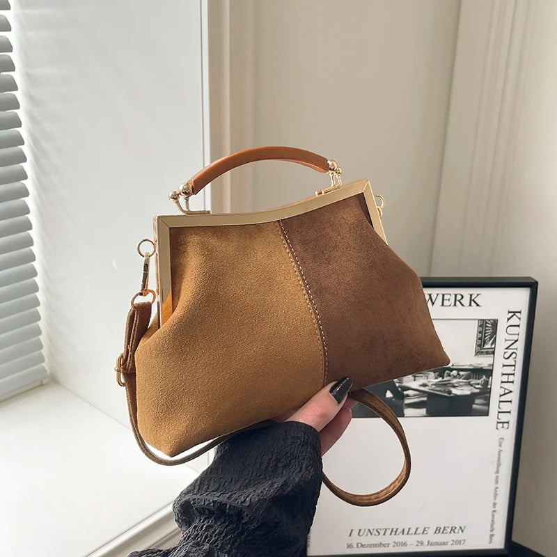 Suede Wooden Handle Top Bag - Vintage Gold Tone Frame Purse