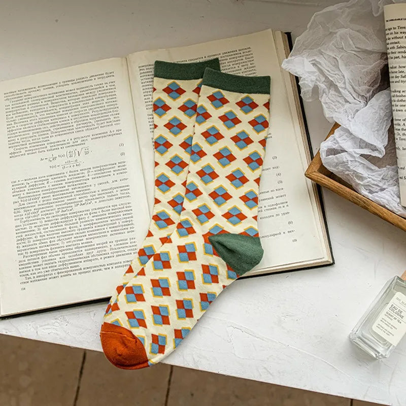 Diamond Fruit Flower Long Socks - Cute Colorful Pattern Crew Pair