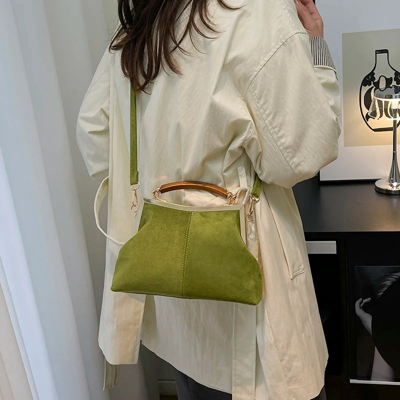 Suede Wooden Handle Top Bag - Vintage Gold Tone Frame Purse