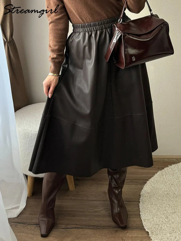 Midi Faux Leather A-Line Skirt - Elastic Waist Pocket Swing Skirt
