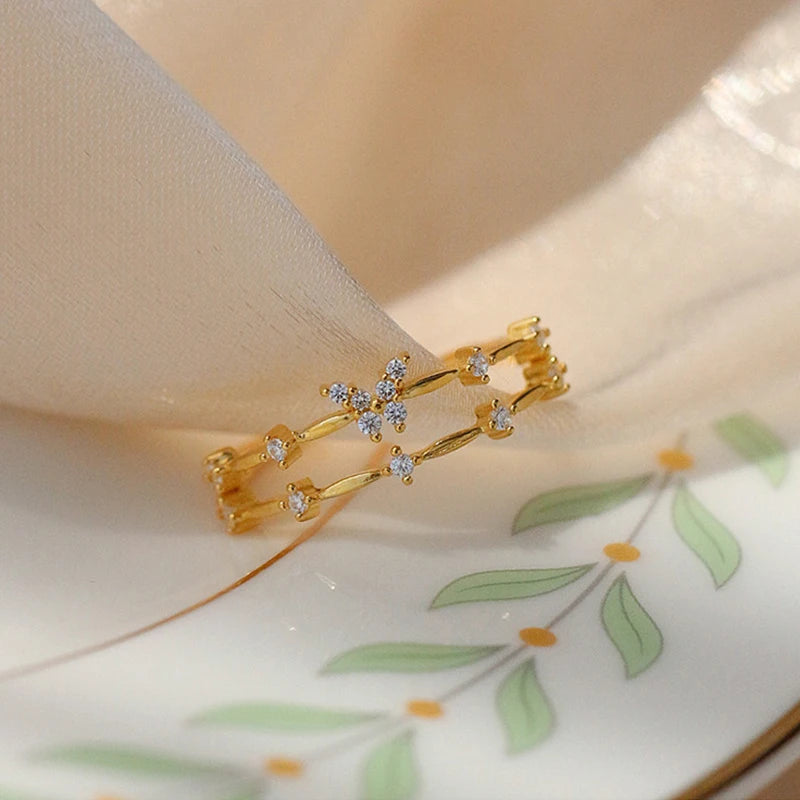Zircon Butterfly Adjustable Ring - Silver Color Double Layer Accessory