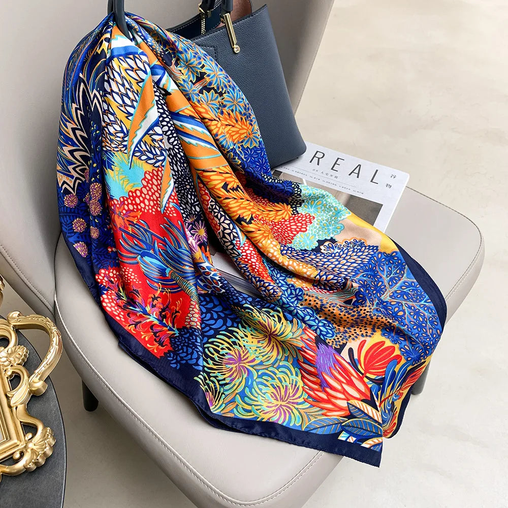 90cm Silk-Feel Square Scarf - Office Hair Neck Bandana Wrap