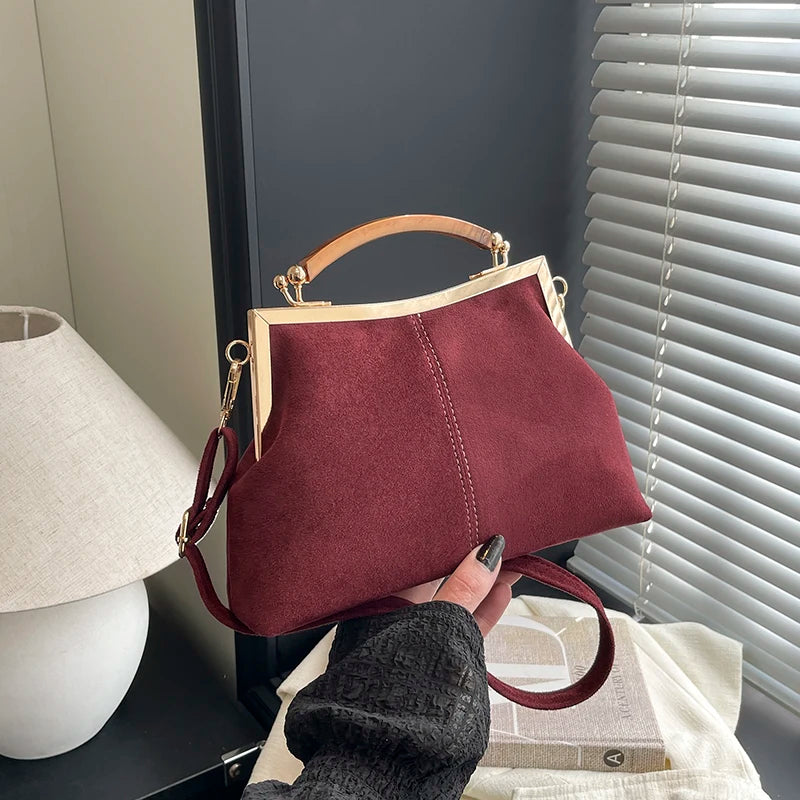 Suede Wooden Handle Top Bag - Vintage Gold Tone Frame Purse
