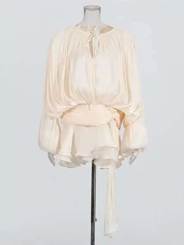 Lace Up Blouse Mini Dress - V Neck Long Sleeve Sweet Style Outfit