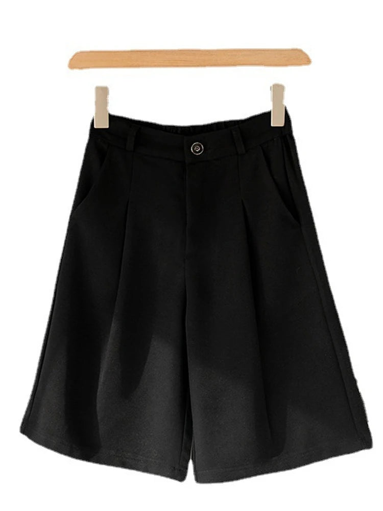 Wide Leg Suit Shorts - High Waist Knee Length Office Summer Shorts