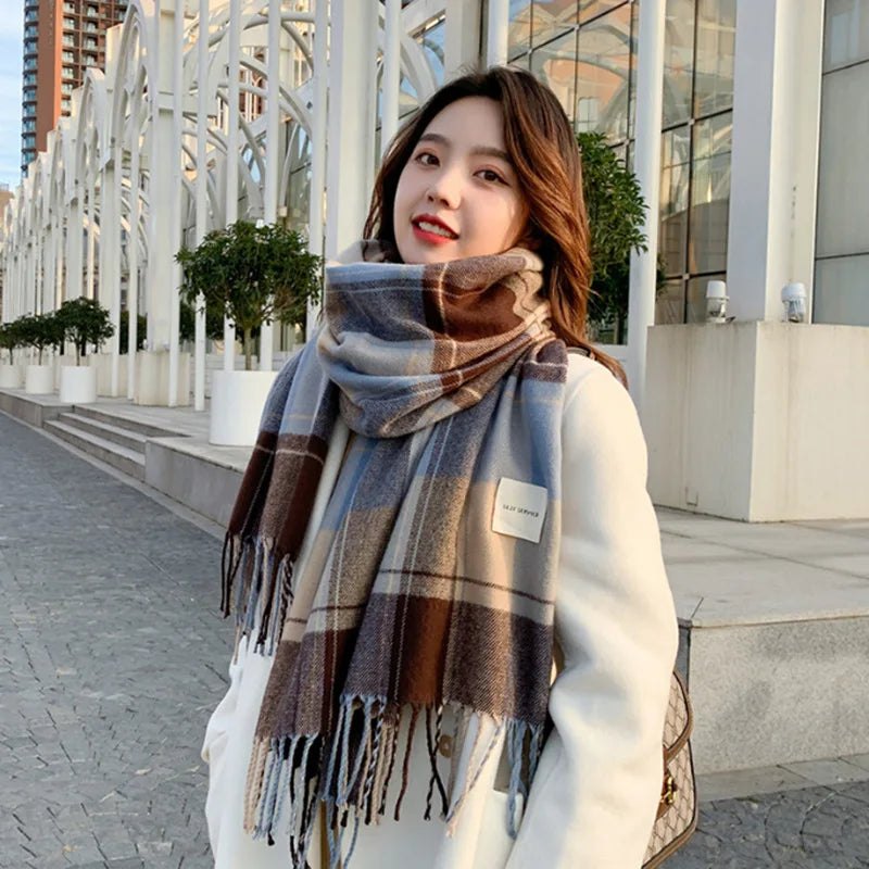 Plaid Cashmere-Feel Winter Scarf - Long Tassel Shawl Wrap
