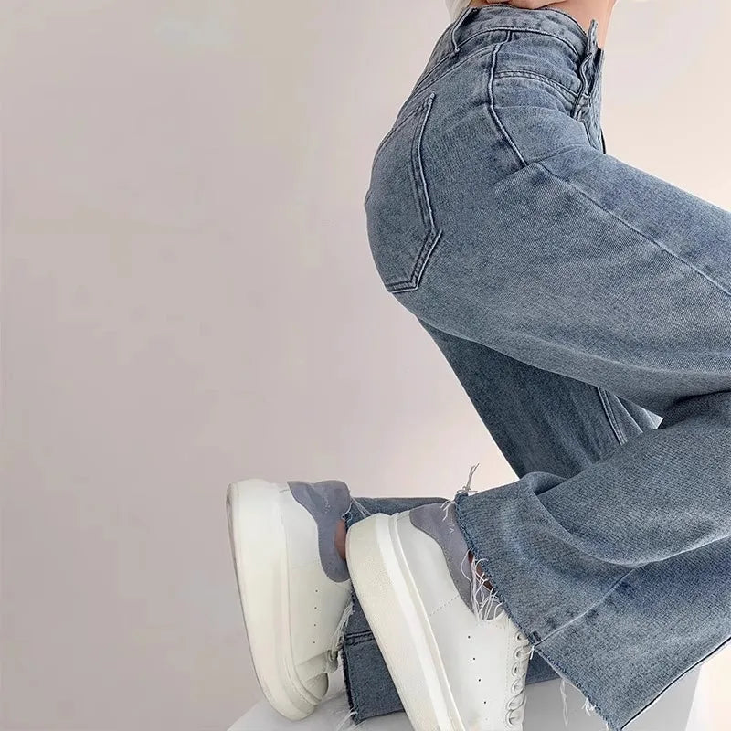 Loose Straight Leg High Waist Jeans - Draped Wide Leg Denim Pants