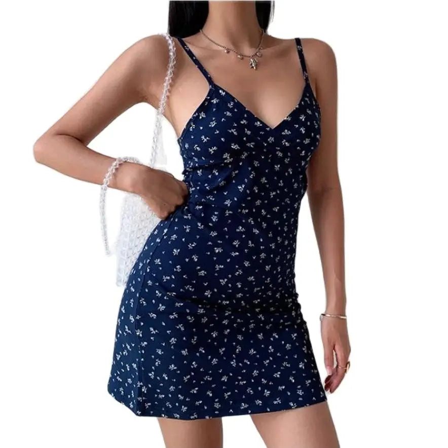 Y2K Floral Cross Cami Mini Dress - Sleeveless V Neck Korean Outfit