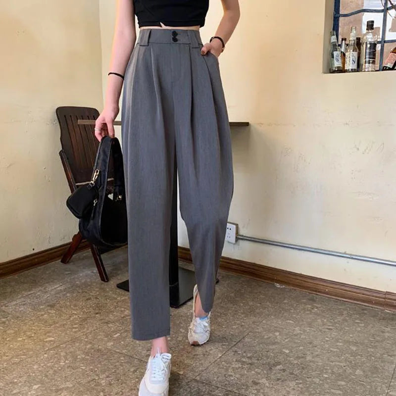 Black Gray High Waist Suit Pants - Loose Nine Point Trousers