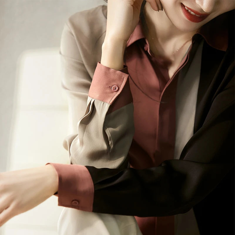 Satin Button Blouse - Long Sleeve Polo Collar Office Shirt