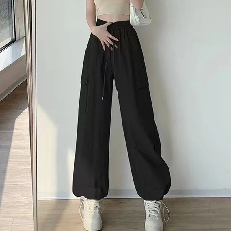 Big Pocket Wide Leg Cargo Pants - Elastic Waist Street Trousers