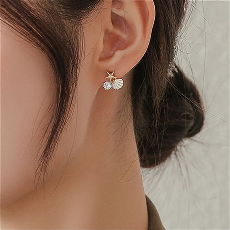 Shell Starfish Stud Earrings - Asymmetric Pearl Rhinestone Jewelry