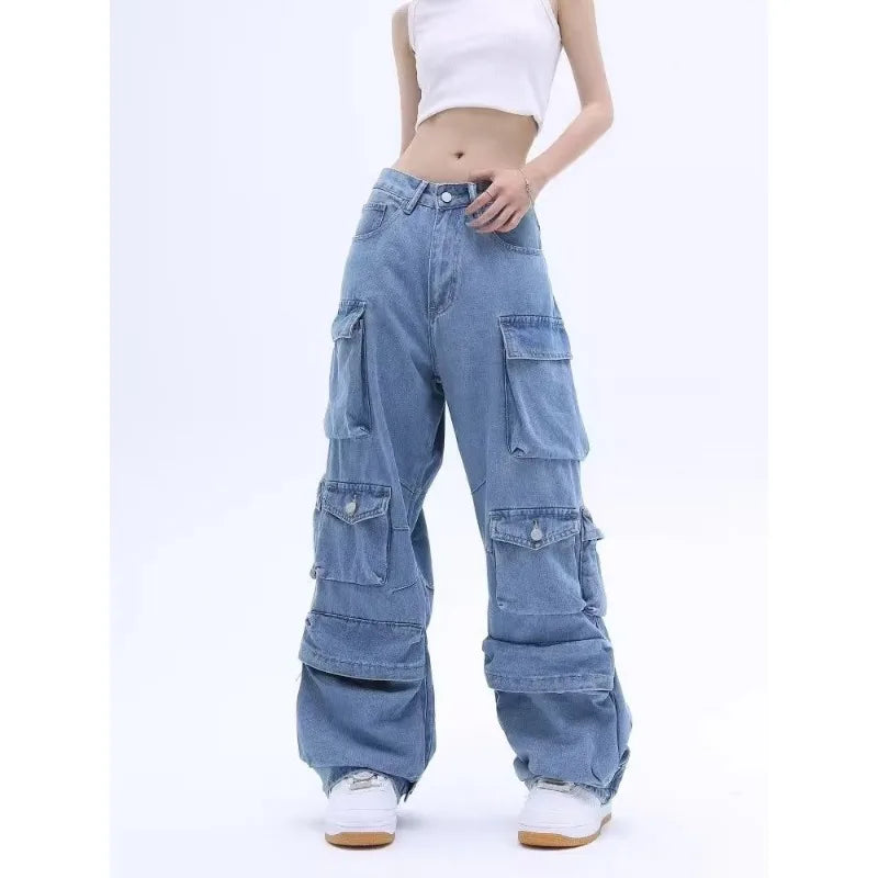 Y2K Multi-Pocket Cargo Jeans - Blue Washed Wide Leg Denim