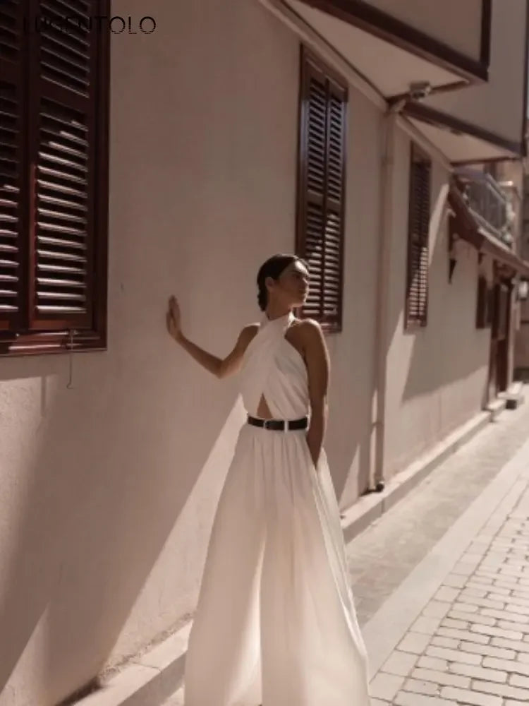 White Backless Wide Leg Jumpsuit - Halter High Waist Streetwear Outfit