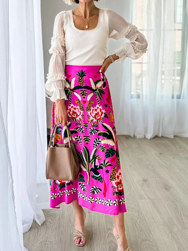 Floral Printed A-Line Skirt - Summer Autumn Zipper Midi Skirt