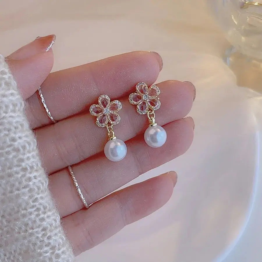Rhinestone Flower Stud Earrings - Pearl Crystal Korean Party Jewelry
