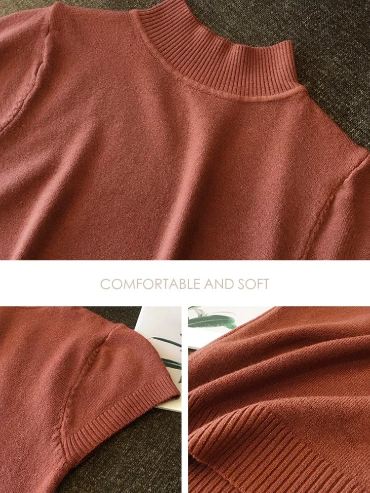 Half High Neck Stretch Top - Korean Solid Short Sleeve Shirt