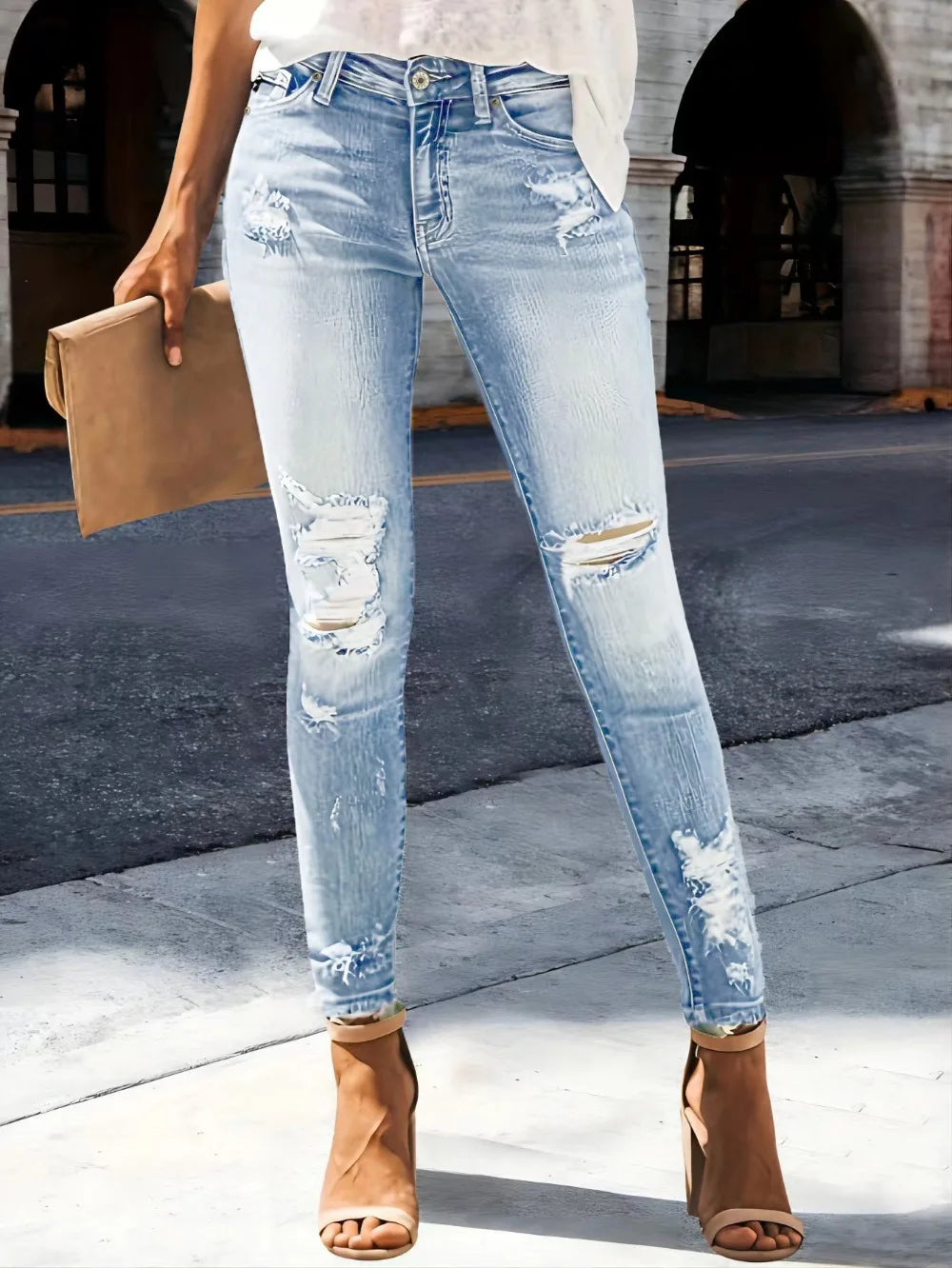 Washed Distressed Straight Jeans - Stretch Ripped Streetwear Denim