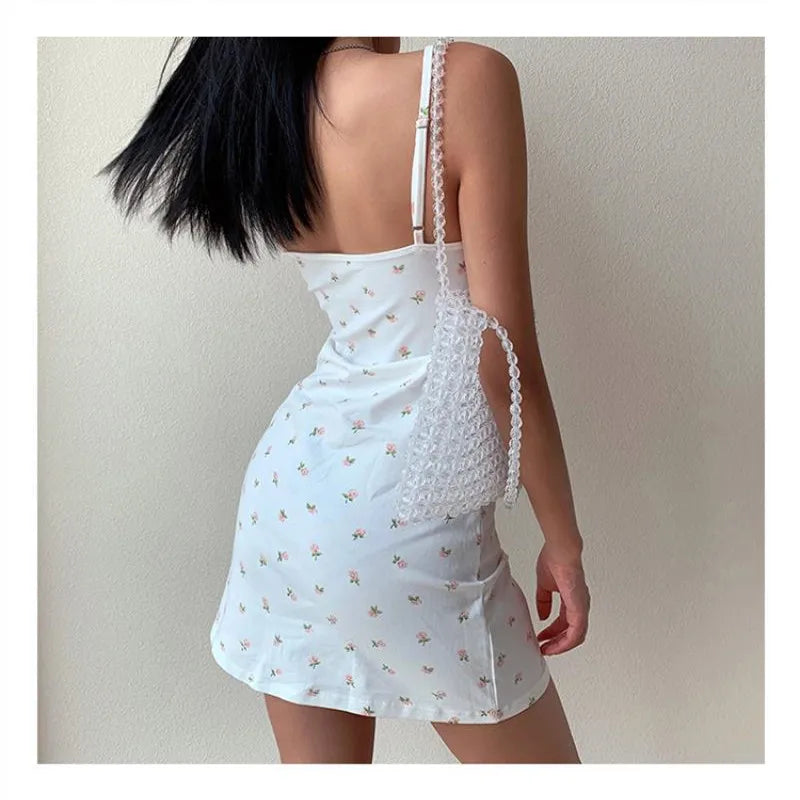 Y2K Floral Cross Cami Mini Dress - Sleeveless V Neck Korean Outfit