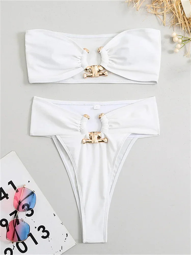 Metal Detail High Waist Bikini Set - Bandeau Push Up Swimwear