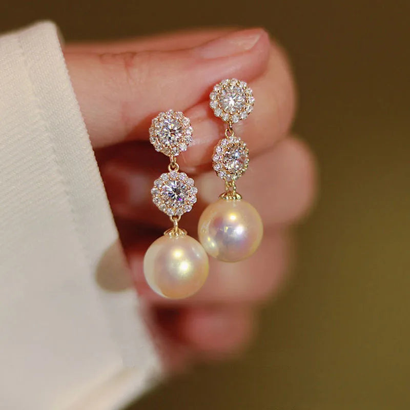 Rhinestone Flower Stud Earrings - Pearl Crystal Korean Party Jewelry