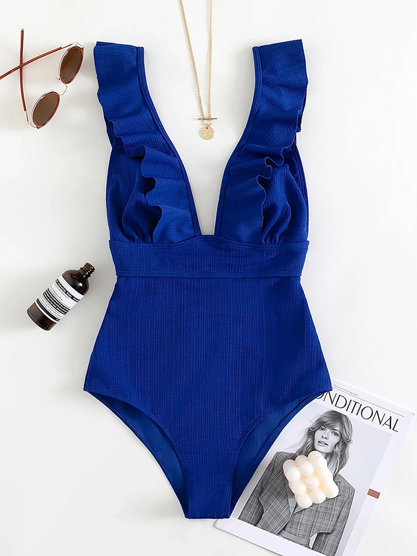 Deep V Ruffle One Piece Swimsuit - Adjustable Beach Monokini