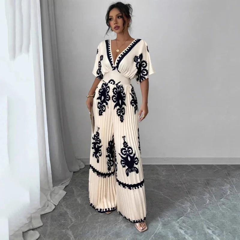 Deep V Backless Wide Leg Jumpsuit - Printed High Waist Outfit