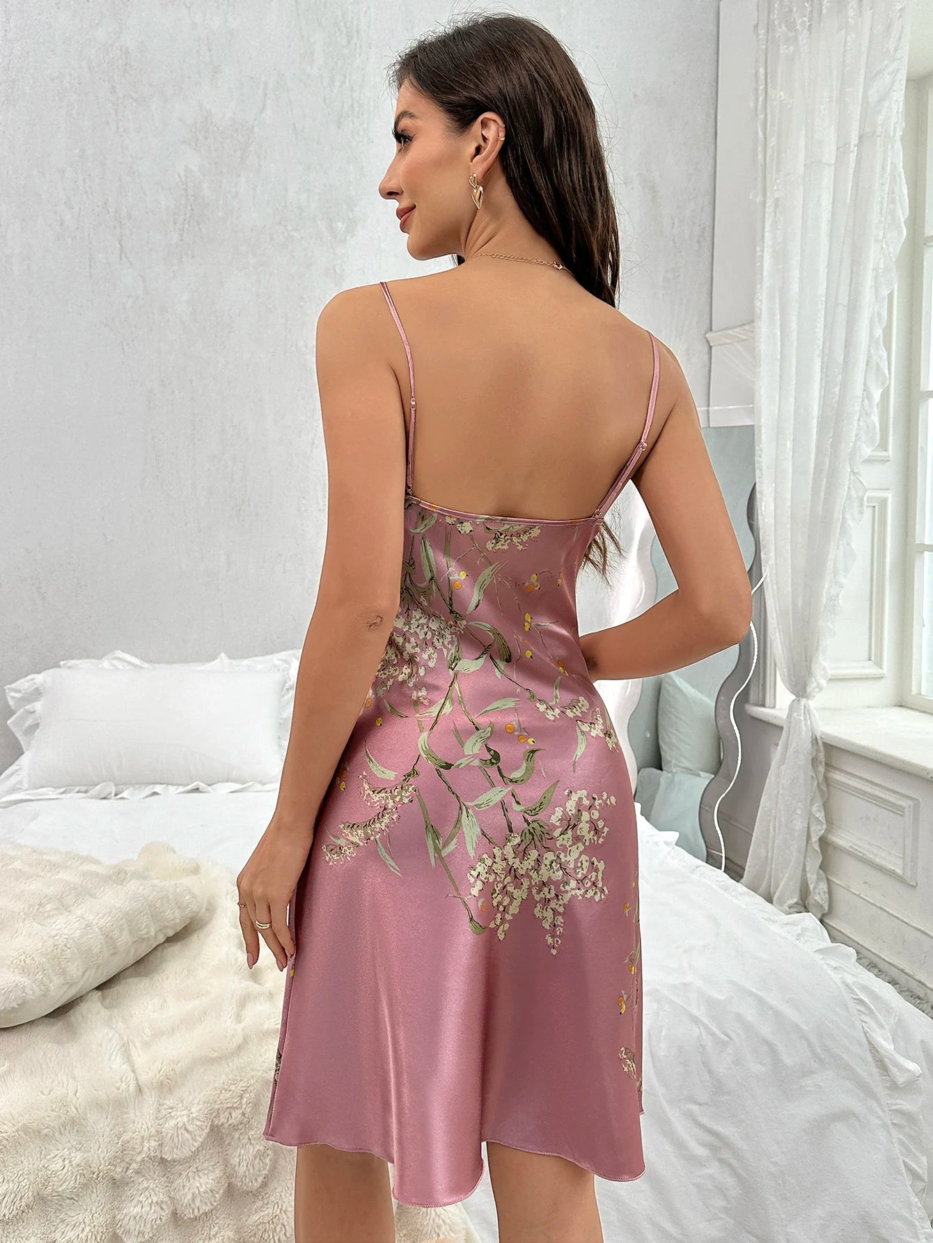 Floral V Neck Spaghetti Strap Nightdress - Soft Sleepwear Dress