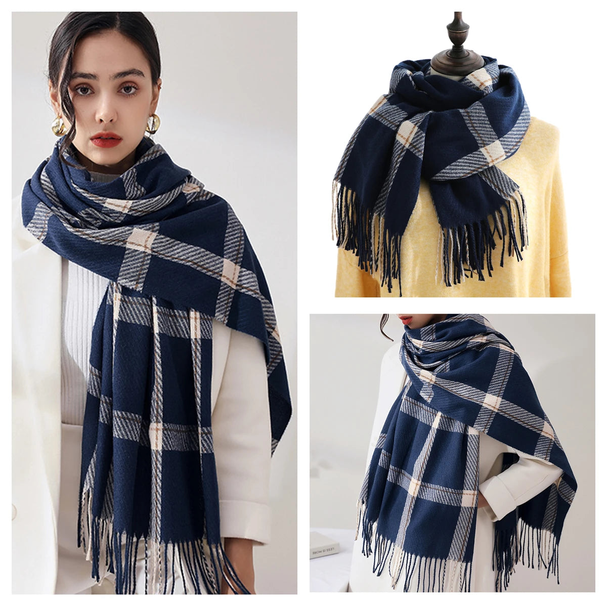 Classic Plaid Blanket Scarf - Cashmere-Feel Large Warm Shawl