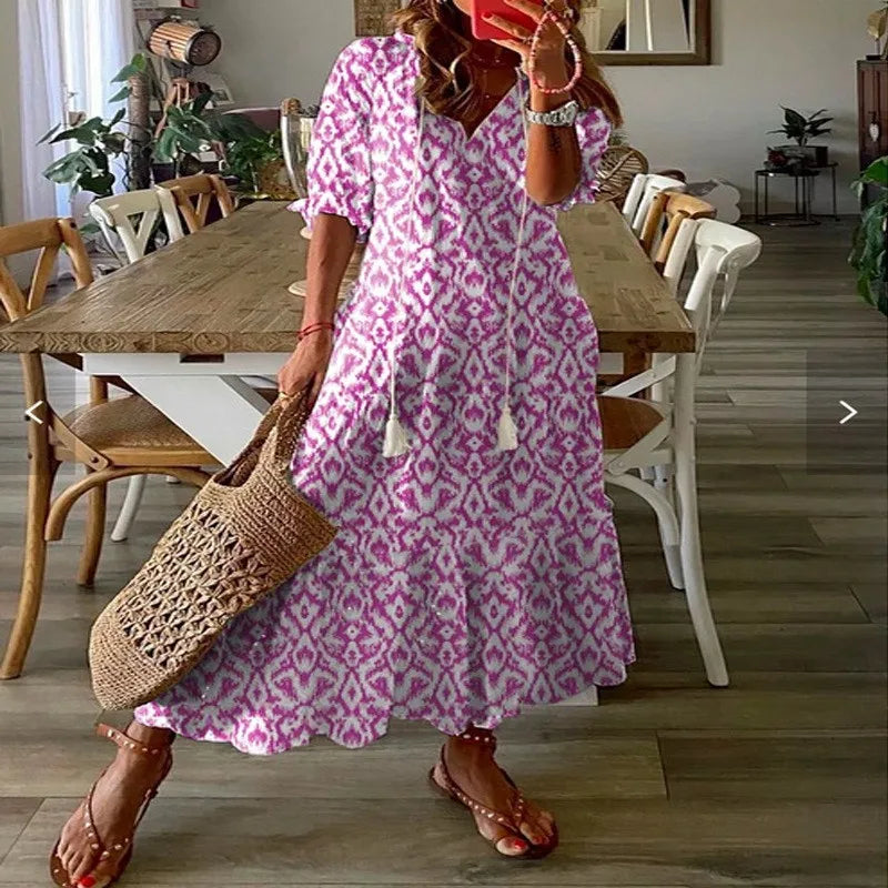 Bohemian Floral V Neck Maxi Dress - Drawstring Beach Vacation Outfit