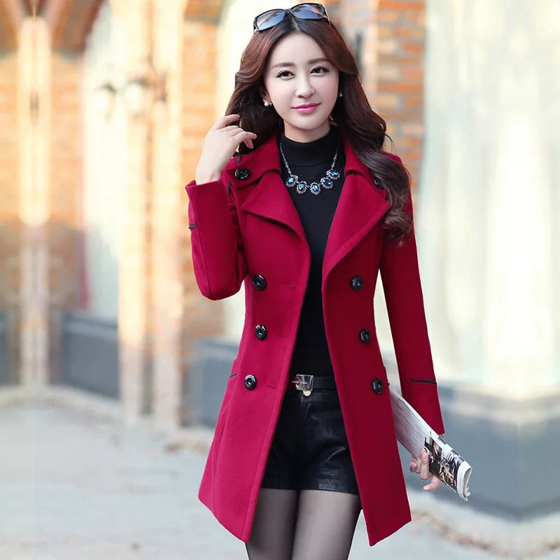 Slim Double Breasted Woolen Coat - Long Belted Winter Jacket